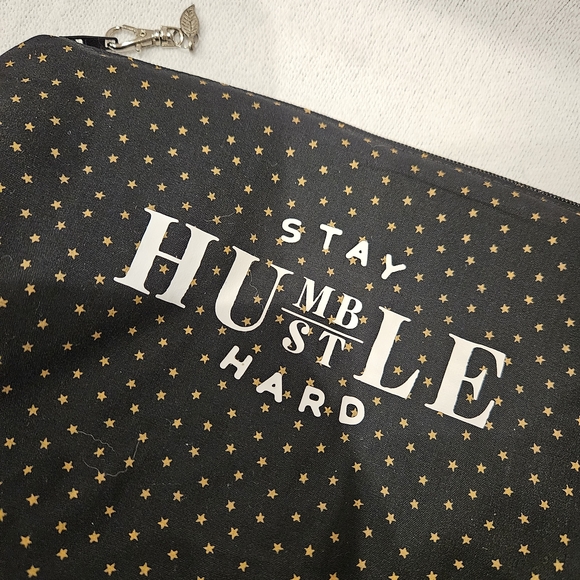Handbags - Black and Gold Star Patterned Pouch W Novelty Quote